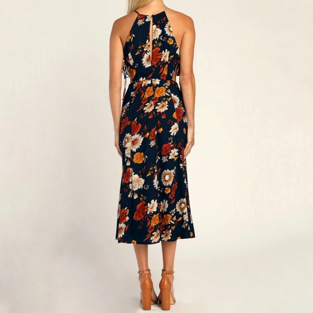NWT Lulus Flourishing Flirt Navy Blue Floral Cutout Halter Midi Dress - Picture 3 of 8